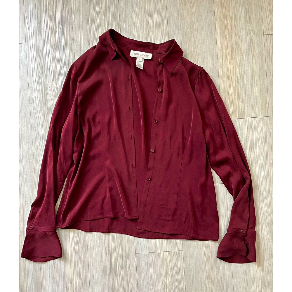 Jones New York Women's Burgundy Silk Solid Collared Blouse Size 12 Fall Work